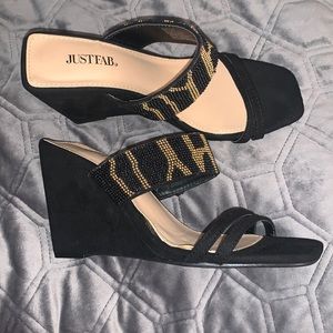 COPY - ♠️ NEW! Gorgeous embellished black suede mules, 4” wedge heel, JUST FAB …